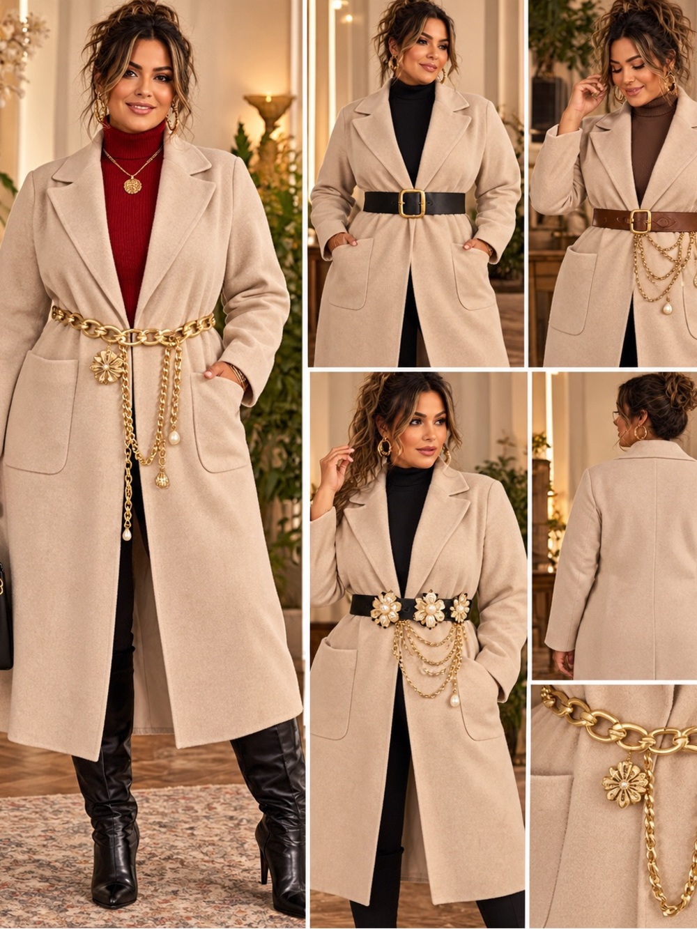 Beige Long Trench Coat with Gold-Chain Detail